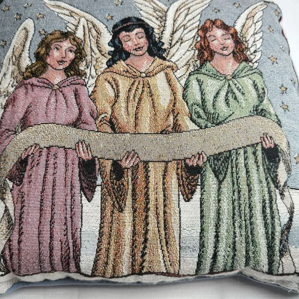 Vintage Martha Stewart Tapestry Throw Pillow 3 Angels Blue 15” Square